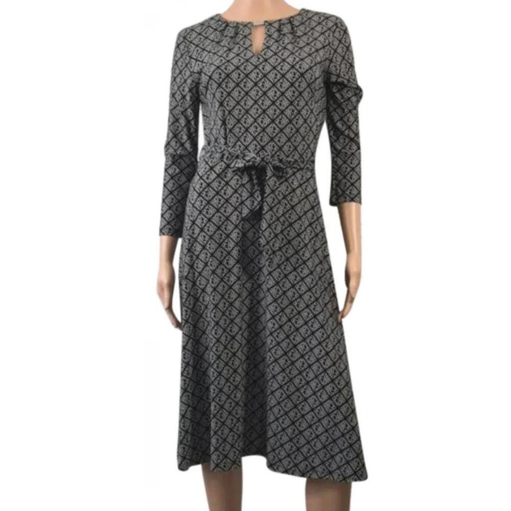 Lauren Ralph Lauren Black/White Geo Print Belted Midi Dress, 3/4 Sleeves, Size 4